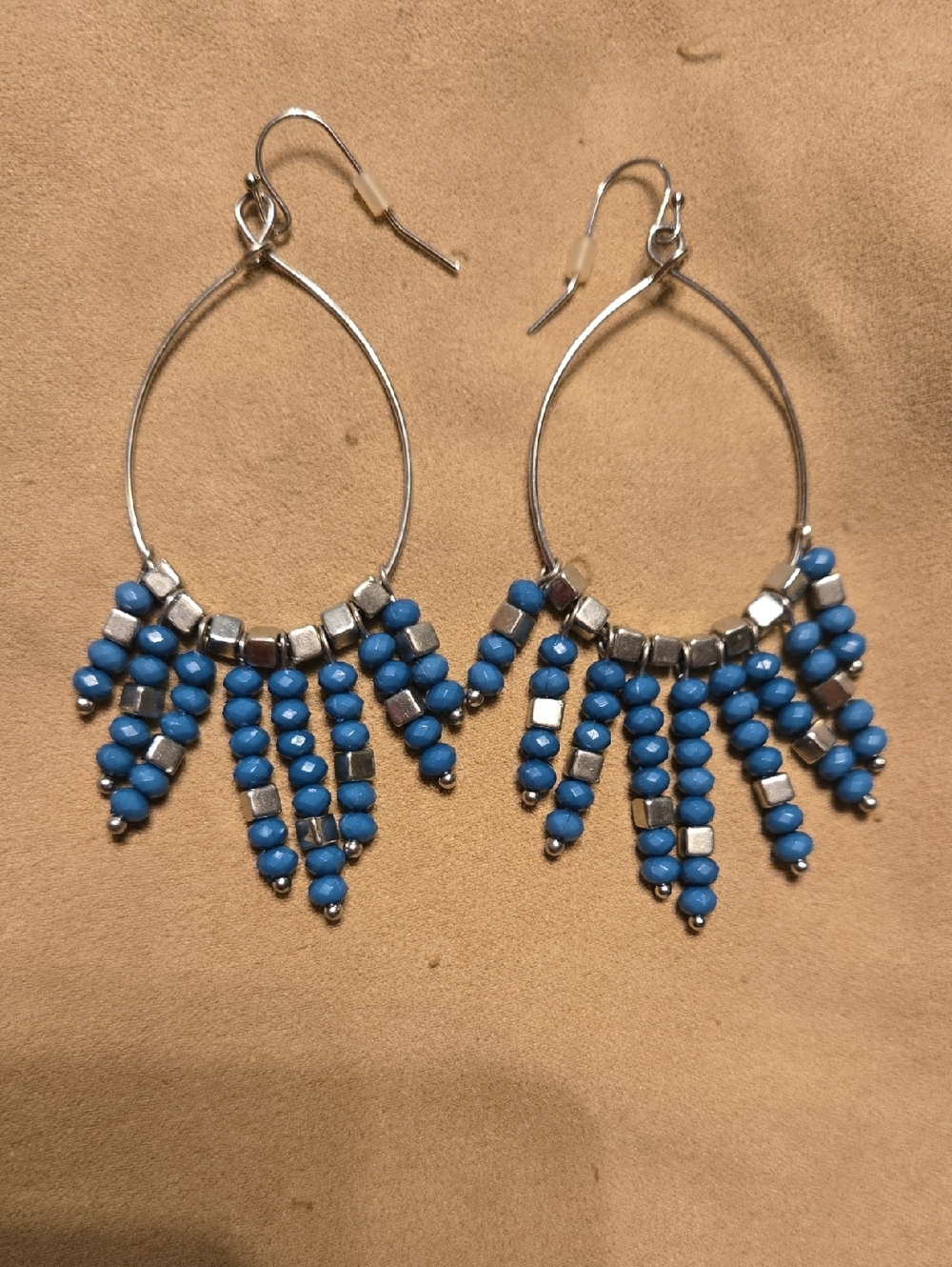 Blue Beaded Fringe Teardrop Earrings - Women Jewelry